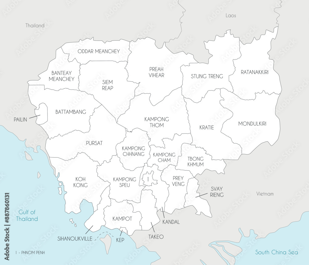 Vector regional map of Cambodia with provinces and administrative divisions, and neighbouring countries and territories. Editable and clearly labeled layers. Vector regional map of Cambodia with provinces and administrative divisions, and neighbouring countries and territories. Editable and clearly labeled layers.