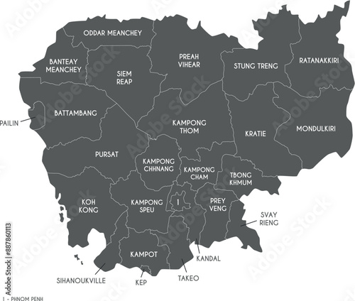 Vector regional map of Cambodia with provinces and administrative divisions. Editable and clearly labeled layers.