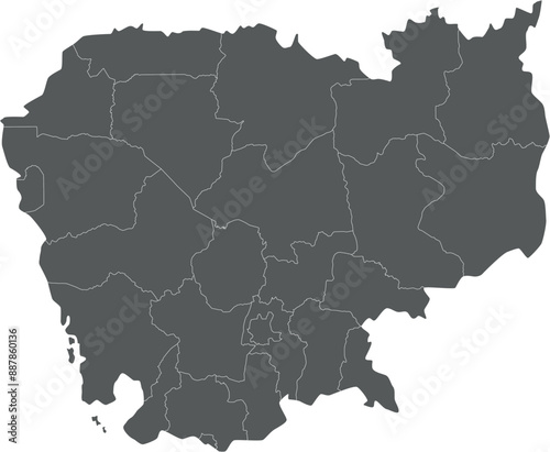 Vector regional blank map of Cambodia with provinces and administrative divisions. Editable and clearly labeled layers.