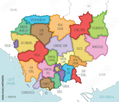 Vector illustrated regional map of Cambodia with provinces and administrative divisions, and neighbouring countries and territories. Editable and clearly labeled layers.