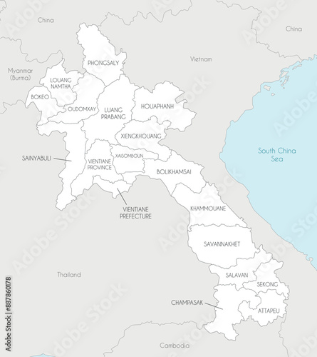 Vector regional map of Laos with provinces and administrative divisions, and neighbouring countries and territories. Editable and clearly labeled layers.