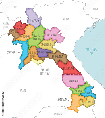 Vector illustrated regional map of Laos with provinces and administrative divisions, and neighbouring countries and territories. Editable and clearly labeled layers.