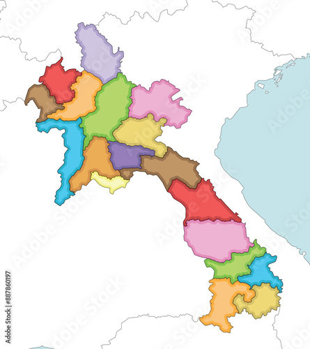 Vector illustrated regional blank map of Laos with provinces and administrative divisions, and neighbouring countries and territories. Editable and clearly labeled layers.