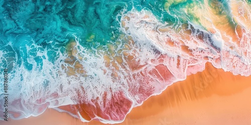 Aerial View of Turquoise Ocean Waves Crashing on a Sandy Beach