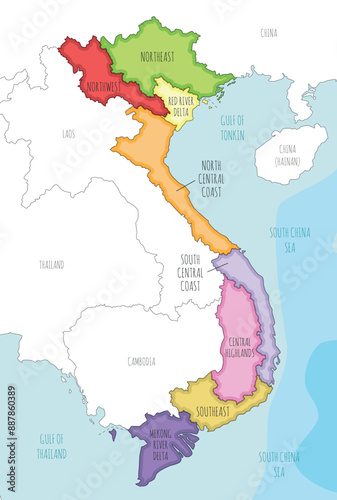 Vector illustrated map of Vietnam with regions and administrative divisions, and neighbouring countries and territories. Editable and clearly labeled layers.