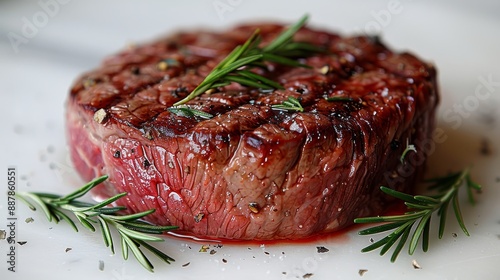 Hyper-realistic photograph of a fresh, premium angus Beef tenderloin steak on a bright white background has fresh rosemarin on it photo