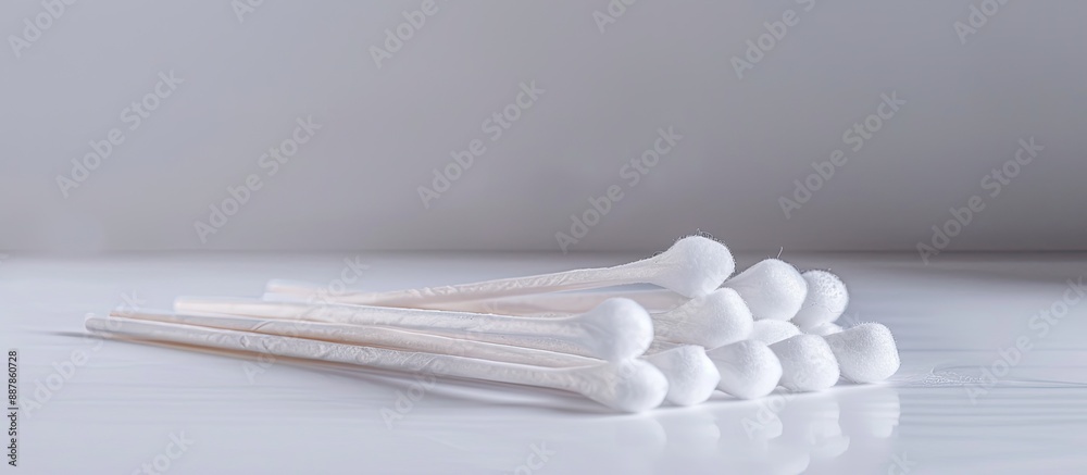 Cotton buds for ear cleaning displayed on a white backdrop with copy space image