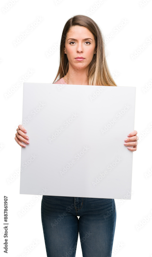Beautiful young woman holding advertising banner with a confident expression on smart face thinking serious Beautiful young woman holding advertising banner with a confident expression on smart face thinking serious