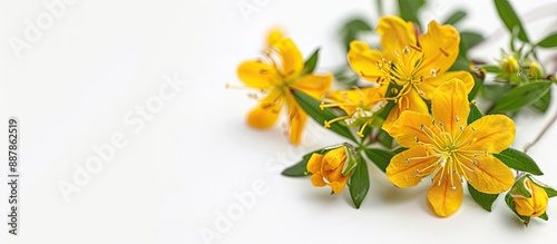 Kantarion a St Johnswort flower known as tutsan displayed on white background in a copy space image photo