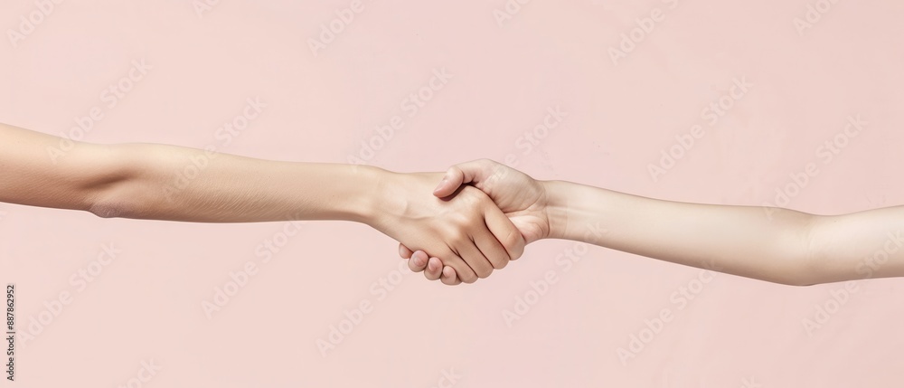 Obraz premium Two hands shaking hands on a pink background