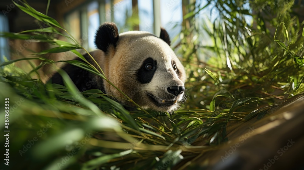 Obraz premium Massive panda consuming bamboo HD 8K wallpaper Stock Photo 