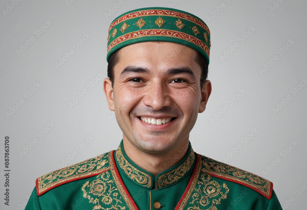 Obraz premium Portrait view of a regular happy smiling Turkmenistan man, ultra realistic, candid, social media, avatar image, plain solid background