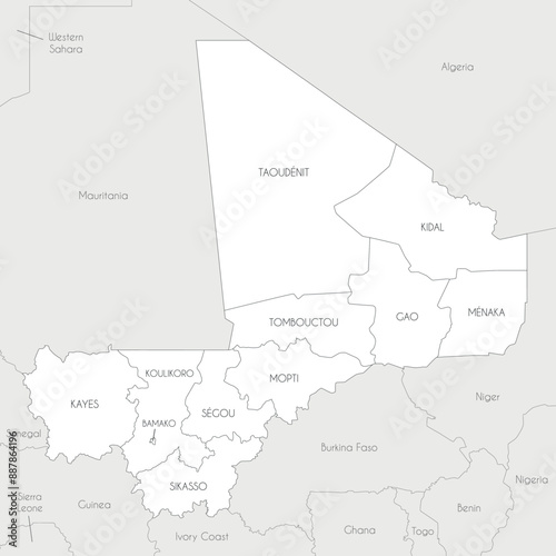 Vector map of Mali with regions, capital district and administrative divisions, and neighbouring countries. Editable and clearly labeled layers.