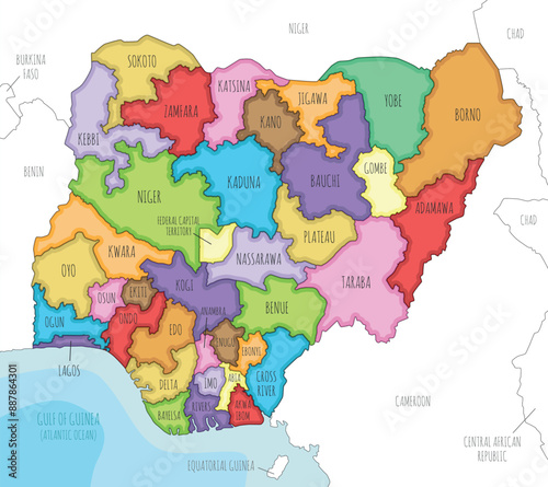 Vector illustrated regional map of Nigeria with states and administrative divisions, and neighbouring countries and territories. Editable and clearly labeled layers.