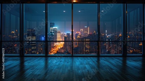 Modern office space with large windows offering a stunning night view of a city's illuminated skyline