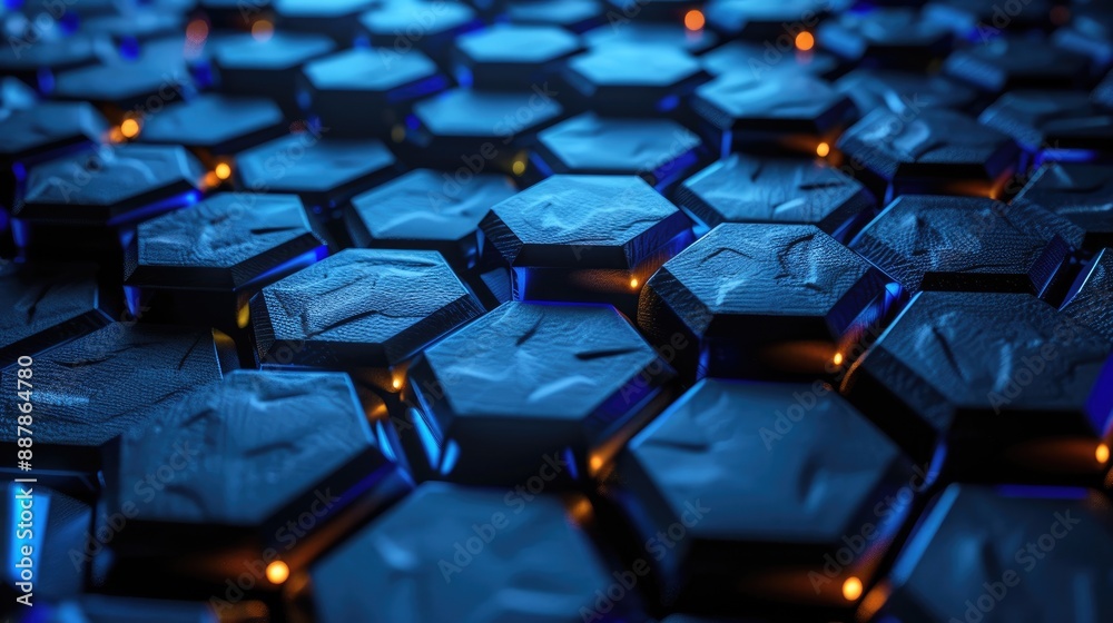 Close-up of a futuristic hexagon pattern with glowing edges, creating a modern and technological aesthetic Close-up of a futuristic hexagon pattern with glowing edges, creating a modern and technological aesthetic