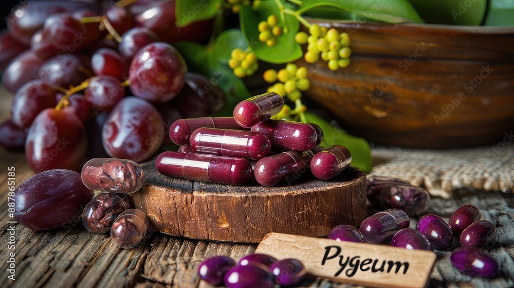 pygeum in capsules homeopathy. Selective focus. pygeum in capsules homeopathy. Selective focus.