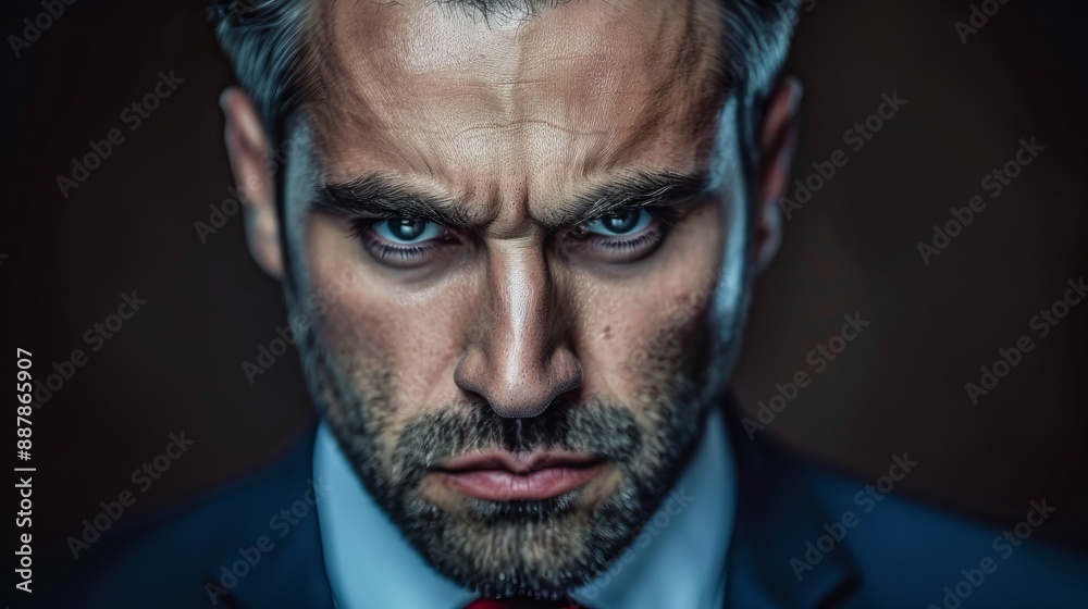 Closeup of intense, stern man in suit with fierce expression, business concept