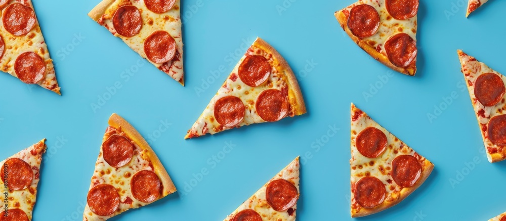 Top view of a pizza slice pattern on a blue backdrop allowing room for text in the image. with copy space image. Place for adding text or design Top view of a pizza slice pattern on a blue backdrop allowing room for text in the image. with copy space image. Place for adding text or design