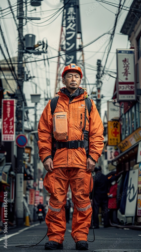 Urban worker in vibrant orange protective gear standing in a busy city street, worker concept Urban worker in vibrant orange protective gear standing in a busy city street, worker concept