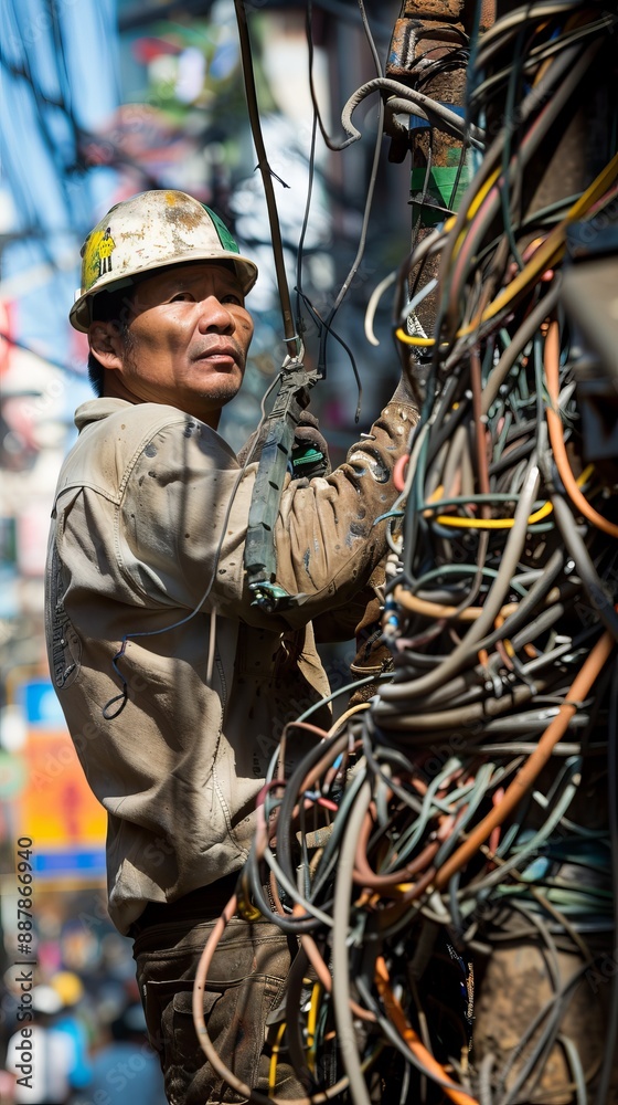Electrician working on electrical cables outdoors, utility worker concept Electrician working on electrical cables outdoors, utility worker concept