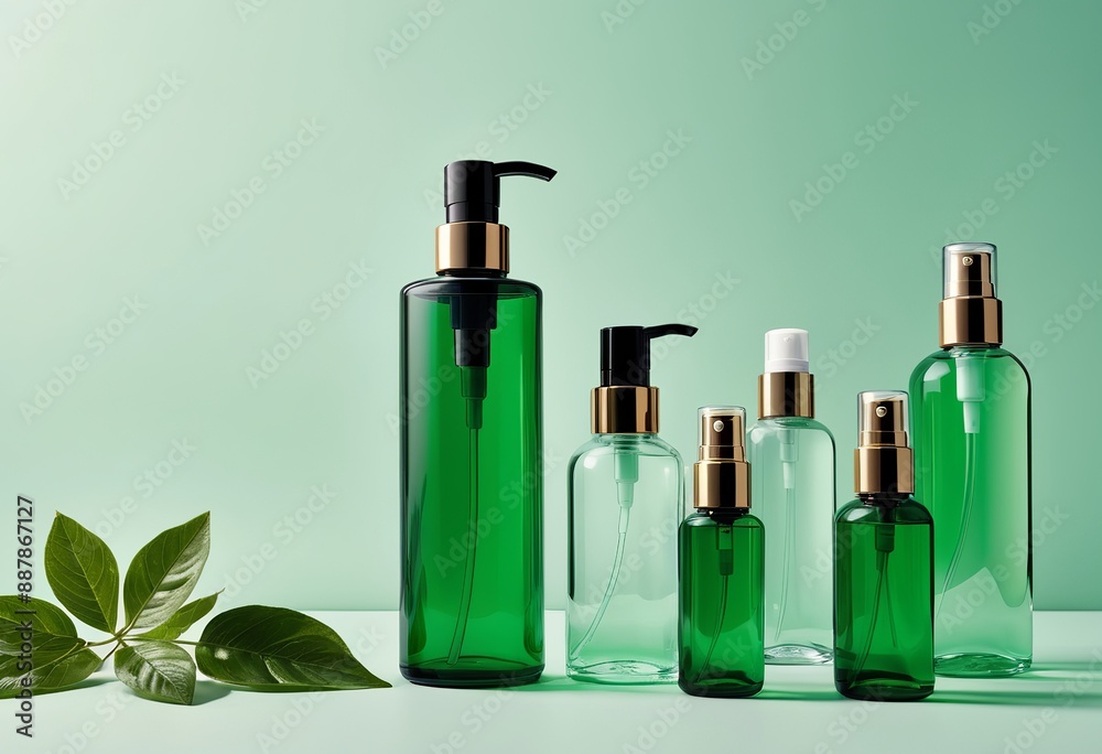 Eco-Friendly Skincare Products: Green Liquid in Glass Bottles Eco-Friendly Skincare Products: Green Liquid in Glass Bottles