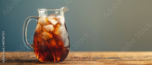 A pitcher of iced tea sits on a wooden table