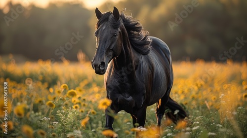 A beautiful black horse sprints across a verdant autumn field, showcasing its healthy and happy demeanor.