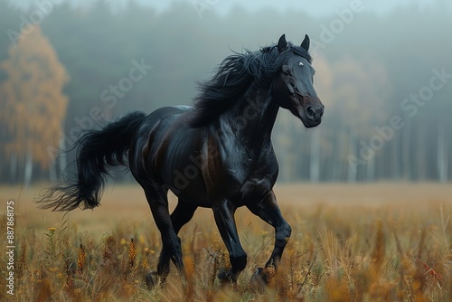 A beautiful black horse sprints across a verdant autumn field, showcasing its healthy and happy demeanor.