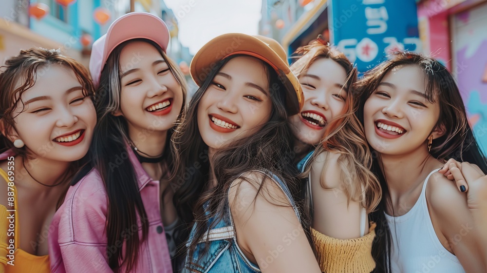 A korean realistic photograph of a diverse group of beauty influencers, casual outfits, smiling and posing together, in a vibrant urban setting A korean realistic photograph of a diverse group of beauty influencers, casual outfits, smiling and posing together, in a vibrant urban setting