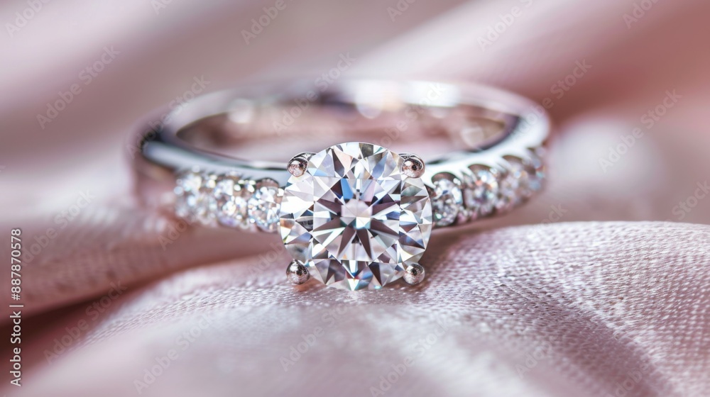 Diamond Engagement Ring on Pink Satin Diamond Engagement Ring on Pink Satin