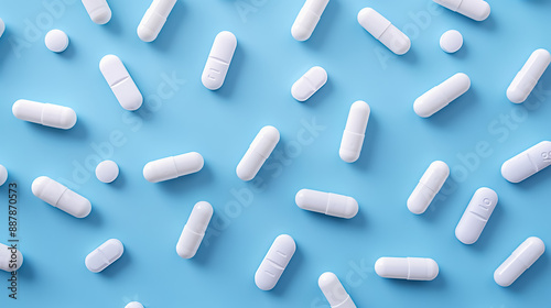 White pills and capsules on a blue background