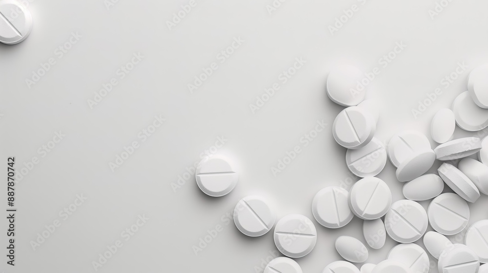 A white tablets clustered in one corner on a white surface, viewed from above A white tablets clustered in one corner on a white surface, viewed from above