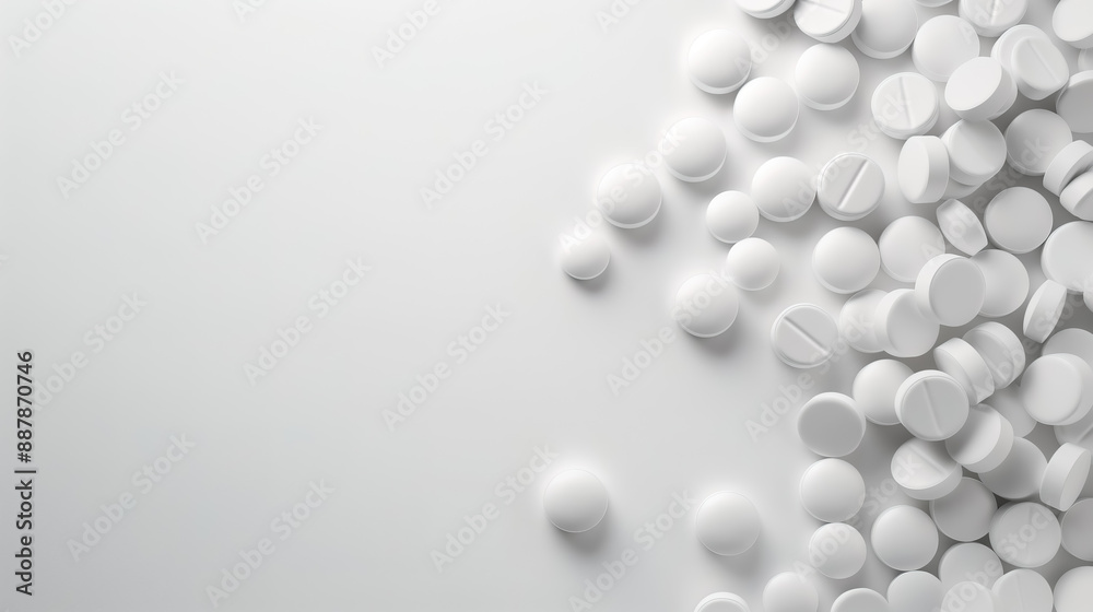 A white tablets clustered in one corner on a white surface, viewed from above