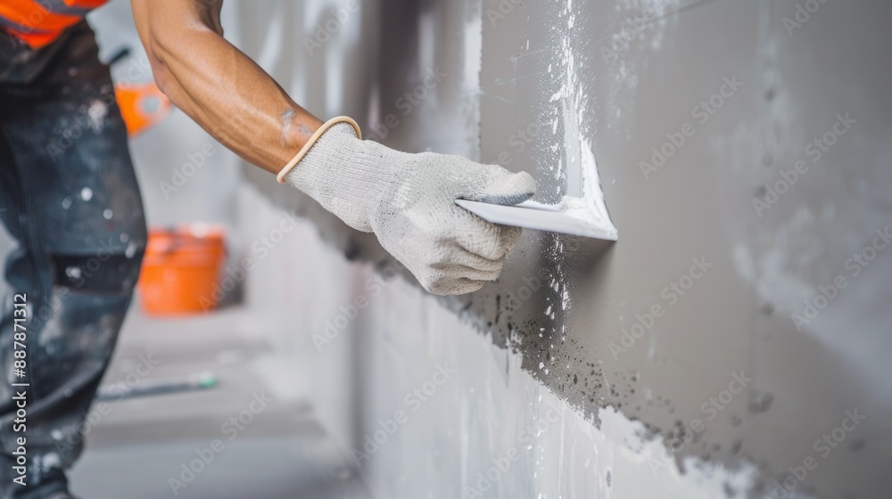 A close up of a worker meticulously sanding a repaired section of drywall until it's smooth and ready for painting, A close up of a worker meticulously sanding a repaired section of drywall until it's smooth and ready for painting,