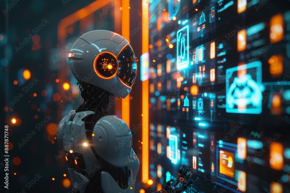 Futuristic robot interacting with AI-powered digital interface, showcasing modern technology and innovation, cyborg and AI concept Futuristic robot interacting with AI-powered digital interface, showcasing modern technology and innovation, cyborg and AI concept