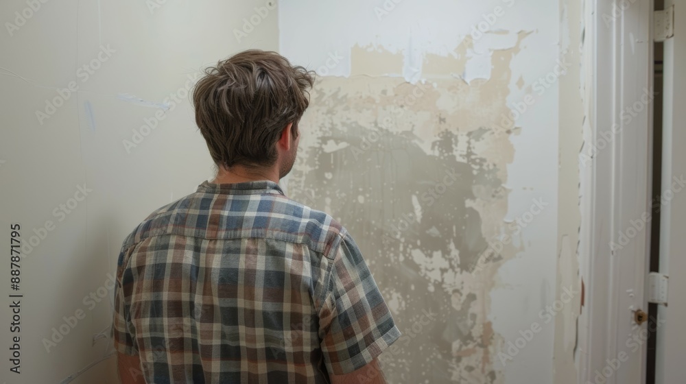 A homeowner inspecting the results of a drywall repair noting the even surface and clean finish A homeowner inspecting the results of a drywall repair noting the even surface and clean finish