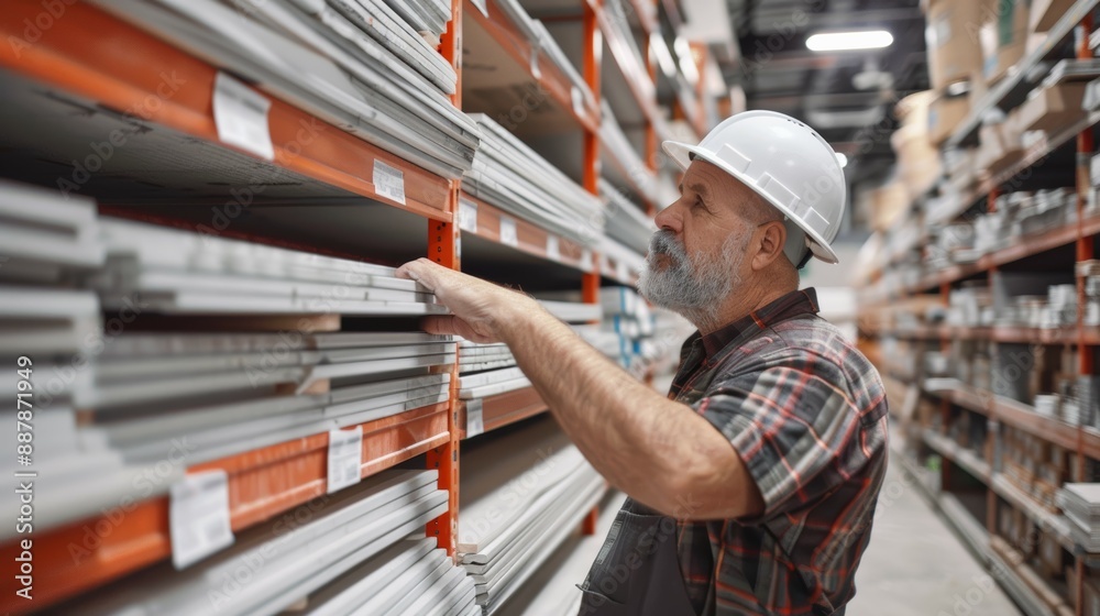 A homeowner selecting new drywall sheets at a hardware store for a major repair project A homeowner selecting new drywall sheets at a hardware store for a major repair project