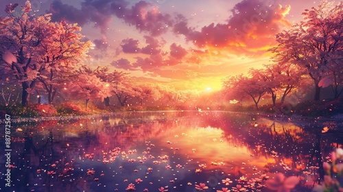 5. A dreamy sunrise painting the sky in hues of orange and pink, reflecting off a tranquil pond surrounded by blossoming sakura trees