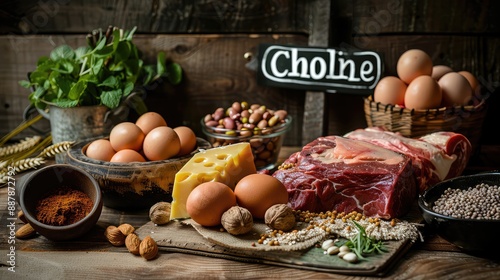 Choline is found in foods. Selective focus.