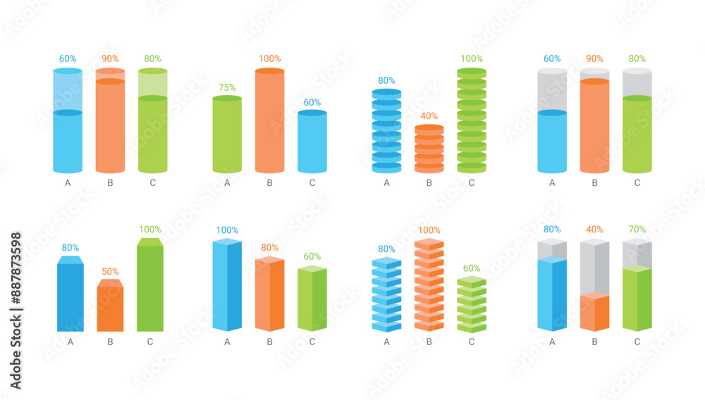 Infographics and charts design template for corporate business presentations, reports, marketing, brochures. Set of 3d three-dimensional square, circular, cylinder bar graph illustrations. Infographics and charts design template for corporate business presentations, reports, marketing, brochures. Set of 3d three-dimensional square, circular, cylinder bar graph illustrations.