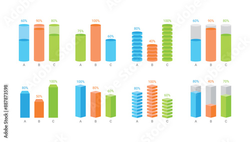 Infographics and charts design template for corporate business presentations, reports, marketing, brochures. Set of 3d three-dimensional square, circular, cylinder bar graph illustrations.