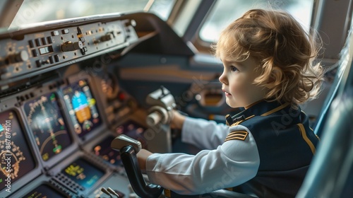 a child pilots an airplane wearing a captains uniform cockpit filled with controls