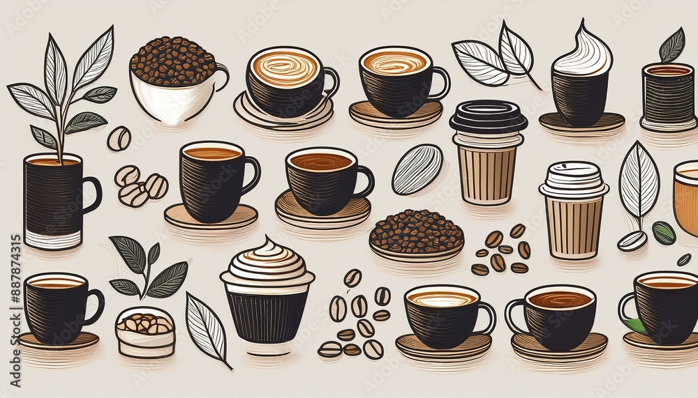 Clean, minimalist designs featuring simple line art or geometric shapes of coffee cups, beans, and accessories Clean, minimalist designs featuring simple line art or geometric shapes of coffee cups, beans, and accessories