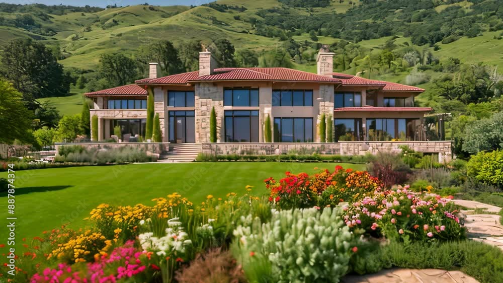 Video animation of large, luxurious two-story house with a stone and stucco facade. It stands against a backdrop of green rolling hills Video animation of large, luxurious two-story house with a stone and stucco facade. It stands against a backdrop of green rolling hills