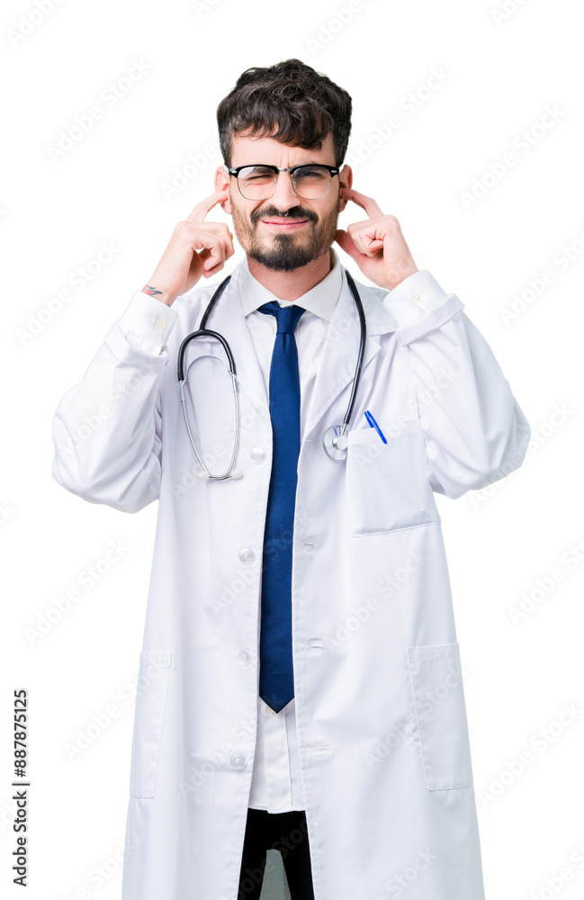 Young doctor man wearing hospital coat over isolated background covering ears with fingers with annoyed expression for the noise of loud music. Deaf concept. Young doctor man wearing hospital coat over isolated background covering ears with fingers with annoyed expression for the noise of loud music. Deaf concept.