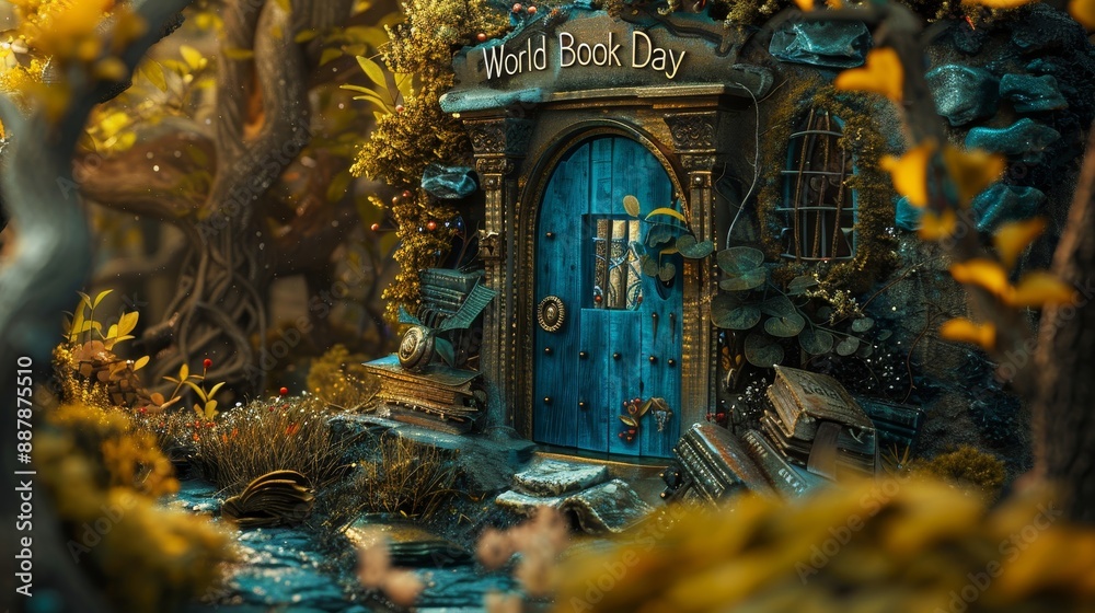 Fototapeta premium Illuminated manuscripts and scrolls with 'World Book Day' in a mystical garden background