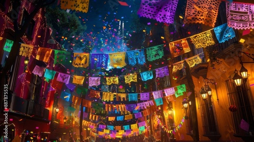 Confetti and papel picado illuminating the night sky a 5 de Mayo celebration backdrop