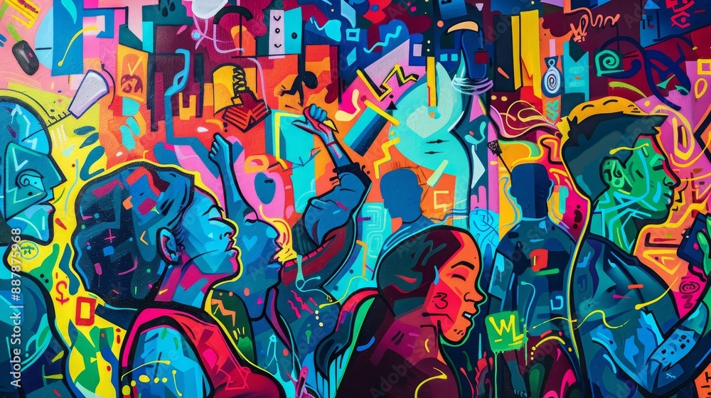 Fototapeta premium Vibrant murals and graffiti bustling 5 de Mayo urban celebration wallpaper