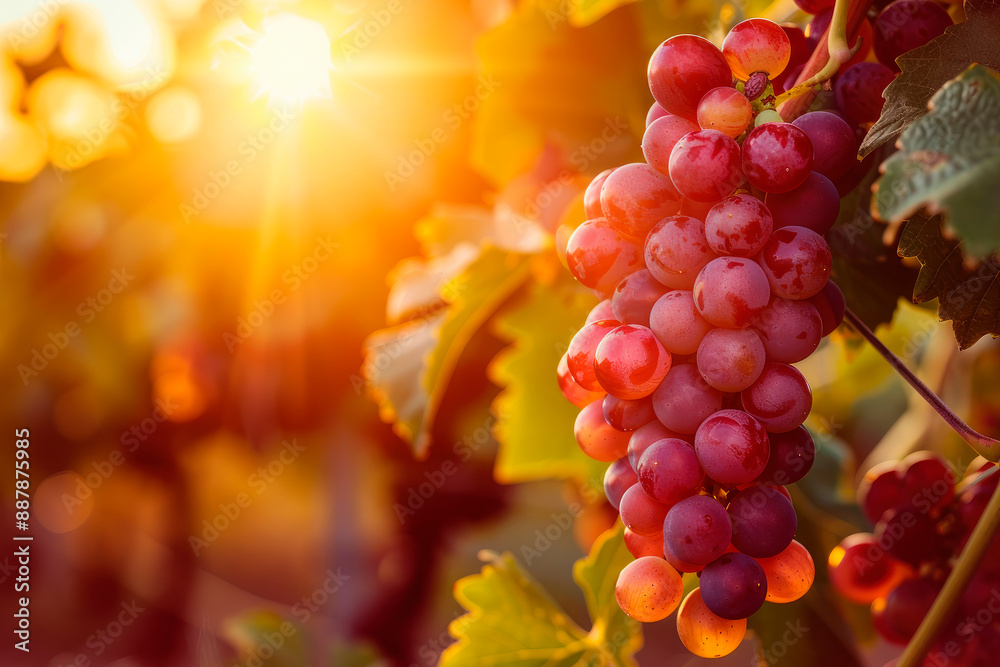 Vineyards at sunset in autumn harvest. Ripe red grapes close-up view . Vineyards at sunset in autumn harvest. Ripe red grapes close-up view .